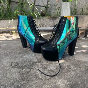 Jeffrey Campbell Iridescent Black Lace Up Boots Y2K